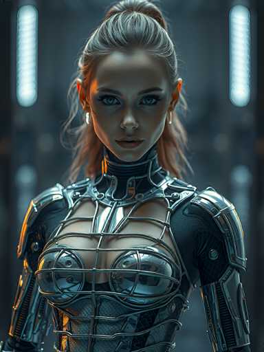 The image depicts a highly detailed, computer-generated female character, possibly from a video game or movie. She has a striking appearance with long, dirty blonde hair styled in a bun, with some strands cascading down her back. Her face is framed by dark eyebrows and blue eyes, and she has a fair complexion with a slight tan. Her lips are adorned with a pinkish-red lipstick, and she wears white earrings.

Her attire is a futuristic, form-fitting suit that combines elements of leather and metal. The suit features a high collar that extends up to her neck, with a silver, cage-like structure over her chest and arms. The suit's design includes a black leather section on the shoulders and chest, with silver accents and a crisscross pattern. The metal components of the suit are shiny and reflective, adding to the high-tech aesthetic.

The background is a dark, grayish-blue hue, illuminated by two long, oval-shaped lights on either side of her head, which cast a blue glow. The overall scene is dimly lit, emphasizing the character's illuminated features and the intricate details of her outfit.