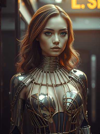 The image depicts a highly detailed, computer-generated or AI-generated portrait of a young woman, possibly in her late teens or early twenties. She has long, wavy hair that transitions from dark brown at the roots to a reddish-brown at the tips, and her hair is parted in the middle. Her complexion is very pale, and she has striking blue eyes accentuated with heavy black eyeliner. Her lips are a natural pinkish hue, and she has a neutral expression, neither smiling nor frowning.

She is dressed in a futuristic, sci-fi-inspired outfit that combines metallic and golden elements. The top part of her dress features a high collar adorned with horizontal metal bars, resembling a choker. Below the collar, vertical metal bars create a cage-like structure that extends down to her chest, revealing a metallic bra-like design. The rest of her outfit appears to be made of shiny, silver metal, giving her a robotic or cyborg-like appearance.

The background is blurred, with indistinct shapes that might be a building or a doorway, adding to the overall mysterious and futuristic ambiance of the image.