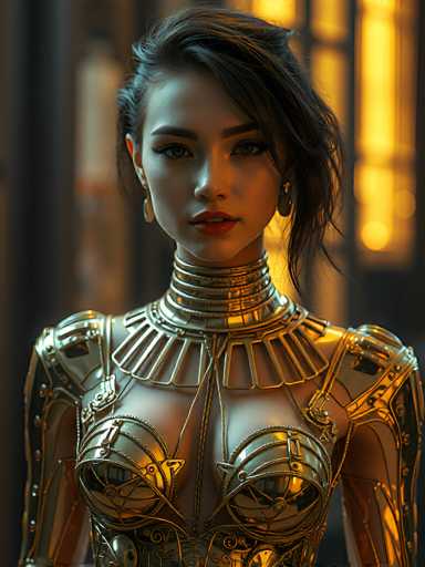 The image depicts a highly detailed, computer-generated female character. She has a striking appearance with long, dark hair that is styled to the side, partially covering her ear. Her hair is pulled back, with some strands cascading over her forehead. Her facial features are distinct, with a pointed chin, full lips, and a straight nose. Her eyes are a captivating green, framed by long eyelashes and dark eyebrows. She is adorned with large, dangling earrings that add to her ornate look.

Her attire is a form-fitting, metallic ensemble that exudes a futuristic, warrior-like aesthetic. The outfit is predominantly gold and silver, with intricate designs that include a series of straps and buckles. It features a low neckline, revealing her chest, and is structured to cover her arms. The armor-like outfit includes a breastplate and a skirt that extends to her waist. The overall design is both revealing and protective, with a network of straps and buckles that secure the ensemble. The metallic sheen of her outfit is highlighted by the interplay of light, giving it a dynamic and almost lifelike quality.