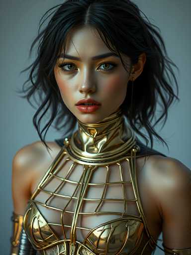 This image features a highly detailed, computer-generated depiction of a young woman, possibly in her late teens or early twenties. She has a medium complexion and striking black hair that is styled in a short, wavy bob with bangs framing her face. Her expressive brown eyes are accentuated by long eyelashes and a touch of light brown eyeshadow. Her lips are painted a vivid red, adding to her captivating appearance.

She is adorned in an elaborate, gold-colored outfit that appears to be a blend of armor and a dress. The ensemble includes a high collar that extends up to her neck, leaving her shoulders bare. The chest area is covered with a crisscross pattern of gold bars, and she wears a gold bra-like top. The outfit also features a gold band around her biceps, adding to the intricate design. The background is a muted grayish-blue, which helps to highlight the vivid details of her attire and features.