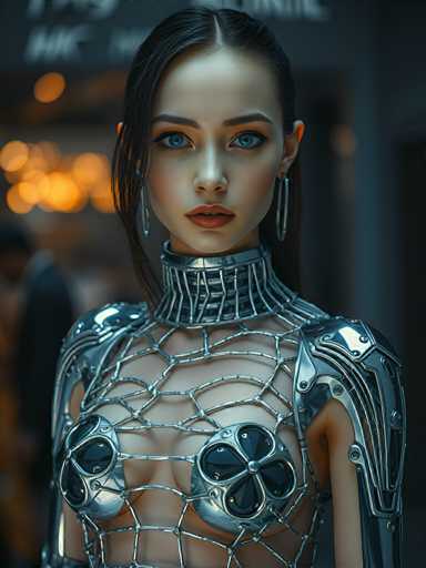 A stunning, hyperrealistic portrait of a young woman in a futuristic silver exoskeleton. She has long, dark hair styled with a wet, slightly messy look, and her makeup is dramatic, featuring sharp eyeliner and deep red lipstick. Her eyes are a striking blue-green, looking directly at the viewer with an intense gaze. The exoskeleton is intricate and detailed, resembling a combination of a futuristic bodysuit and armor, with visible metallic textures and glowing accents. The background is blurred, suggesting an urban setting with warm, out-of-focus lights. The overall lighting is soft and dramatic, highlighting the woman's features and the intricate details of her attire. The image has a cyberpunk aesthetic, emphasizing technology, fashion, and a slightly dystopian atmosphere.