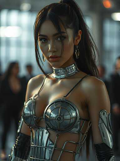 The image depicts a young woman, possibly in her late teens or early twenties, with long dark hair styled in a ponytail, with a few strands framing her face. She has a medium complexion and is wearing pink lipstick. Her attire is a striking blend of futuristic and medieval elements, featuring a silver choker around her neck and a unique dress that combines metal and leather. The dress includes a silver plate over her right breast, a circular plate over her left breast, and additional metal plates covering her stomach. She also sports black leather gloves that extend up to her elbows, adorned with metal accents. Her accessories include large hoop earrings. The background is blurred, revealing indistinct figures, possibly other people, and a window with light streaming through, adding to the overall dramatic and enigmatic atmosphere of the scene.