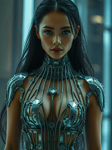 A close-up portrait of a woman with long, flowing black hair and piercing blue eyes, wearing a futuristic, metallic bodysuit. The suit is intricately detailed with geometric patterns and appears to be made of polished silver metal, possibly with a slightly textured surface. The design is structured and covers her torso from the neck down to the hips, with intricate details on the chest area. The lighting is soft and highlights the metallic sheen of the suit, creating a sense of depth and texture. The woman's expression is serene and direct, with her gaze focused on the viewer. The background is blurred, suggesting a futuristic or technological setting.