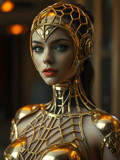 The image depicts a highly detailed, computer-generated or AI-generated portrait of a woman with striking blue eyes and long black hair. She is adorned in an elaborate, metallic outfit that combines elements of a futuristic armor and a classic Greek or Roman warrior's attire. The armor is primarily gold with intricate black accents, featuring a spiderweb pattern that extends from her chest up to her neck and head. The headpiece is particularly elaborate, with a gold crown-like structure that includes a pointed, downward arrow design on her forehead. The woman's face is made up with red lipstick, and her expression is serious as she gazes directly at the viewer. The background is blurred, with indistinct orange lights, emphasizing the focus on the woman's detailed and ornate appearance.