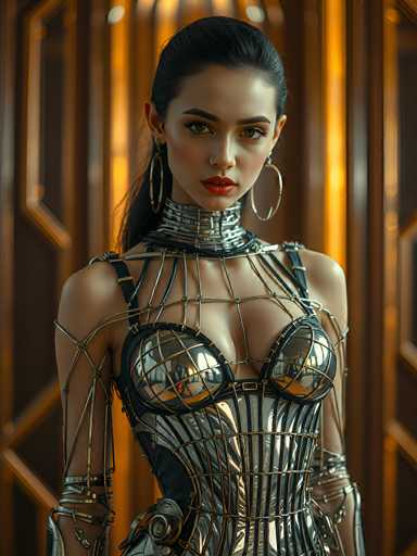 A stunning, hyperrealistic portrait of a woman in a futuristic, metallic bodysuit. The suit is predominantly silver and black with intricate, cage-like details made of interconnected metal wires. It features a high, ornate collar and a structured bodice with prominent, rounded cups. The woman has long, dark hair styled in a sleek ponytail and wears large, hoop earrings. Her makeup is bold, with deep red lipstick and defined eyeliner. She has a serious, direct gaze towards the viewer. The background is blurred but suggests an ornate, golden-toned setting with geometric patterns. The overall lighting is dramatic, highlighting the textures and metallic sheen of the suit.