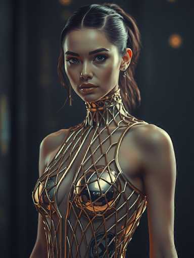 The image portrays a highly detailed, computer-generated rendering of a young woman, likely in her early 20s, with a light complexion and dark brown hair styled in a ponytail. She has striking blue eyes, thick eyebrows, and full lips adorned with a light pink lipstick. The woman is wearing a unique, metallic dress that appears to be made of gold and silver, featuring a chainmail-like design that covers her torso and extends up to her neck. The dress includes two prominent silver spheres positioned over her breasts, adding to its intricate appearance. She is also wearing a choker-like necklace that complements the dress. The background is dark and blurry, with indistinct shapes and a few orange dots, possibly indicating lights. The overall composition suggests a futuristic or fantasy setting, with the woman looking directly at the viewer.