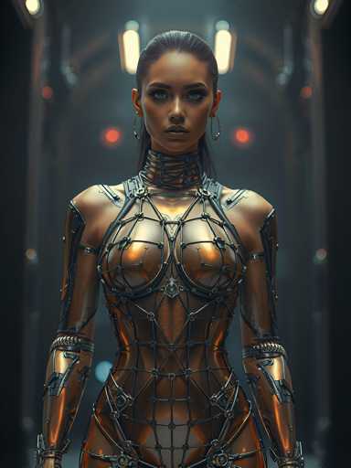A woman stands in front of a dark room with a large archway on the left side and a red light on the right side. She is wearing a metallic bodysuit that features intricate designs and patterns, including a corset-like top and a skirt made from metal wires. The woman's hair is styled in an updo, and she has large, expressive eyes framed by dark eyebrows.