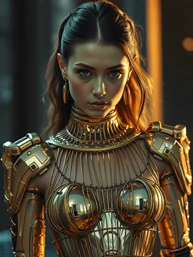 This image features a striking, computer-generated depiction of a woman with a distinctly serious expression. She has long, dark brown hair that cascades down to her shoulders, with a middle part and a slight wave. Her blue eyes are accentuated by thick eyebrows, and she wears a touch of pink lipstick. The woman is adorned in an elaborate, gold armor that covers her chest and shoulders, with intricate designs resembling a cage around her breasts. The armor extends up to her neck, where it forms a collar-like structure. She also sports large, dangling gold earrings. The background is blurred, with indistinct shades of gray and black, and a hint of orange light on the right side, adding to the overall dramatic effect of the image.