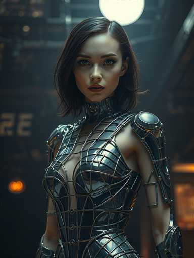 The image depicts a highly detailed, computer-generated female character, possibly from a video game or movie. She has shoulder-length brown hair, blue eyes, and is wearing a form-fitting, metallic outfit that combines elements of a corset and armor. The outfit features a grid-like pattern of metal bars over a shiny, reflective black material, with a prominent metal plate on her chest and additional plates on her shoulders and arms. The character's face is adorned with red lipstick, and she has a serious expression as she gazes directly at the viewer. The background is dark and blurry, with indistinct shapes and a large, white circular light source positioned above her head, suggesting an industrial or futuristic setting.