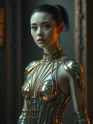 The image depicts a highly detailed, computer-generated portrait of a young Asian woman, possibly in her late teens or early twenties. She has short black hair pulled back into a ponytail and is wearing a striking, form-fitting outfit that combines elements of futuristic armor and intricate jewelry. The outfit features a metallic blue base with gold accents, including a choker adorned with jewels and a series of gold lines and swirls that extend down her chest and arms, resembling a complex network of pipes or tendons. The background is a dark gray, with a slightly blurred, ornate door visible behind her, adding to the overall mysterious and futuristic ambiance of the scene.