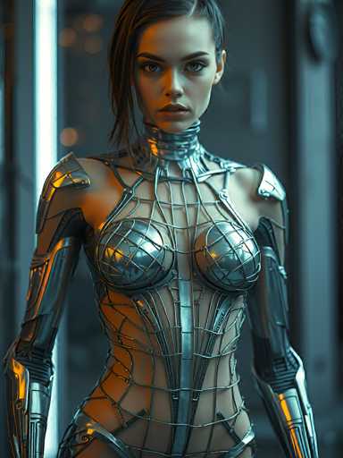 The image depicts a highly detailed, computer-generated female character with a futuristic and cybernetic aesthetic. She has a slender, athletic build with a small waist and large, prominent breasts. Her skin is a light tan, and she has dark brown hair styled in a side ponytail. Her eyes are a striking blue, and her facial features include a small nose and full lips. 

Her neck is adorned with a metallic collar that extends into a network of silver bars and wires, which cover her torso and arms. These metallic structures give her a robotic appearance, enhancing her futuristic and cybernetic aesthetic. The bars and wires are particularly prominent around her chest, where they form a cage-like structure over her breasts. Her arms are covered in metal plates and wires, and her legs are similarly armored, though the image cuts off at her thighs.

The background is a blurred, grayish-blue setting, which further emphasizes the character's detailed and intricate design. The overall effect is a striking blend of human and machine, evoking a sense of a futuristic cyberpunk or sci-fi warrior.