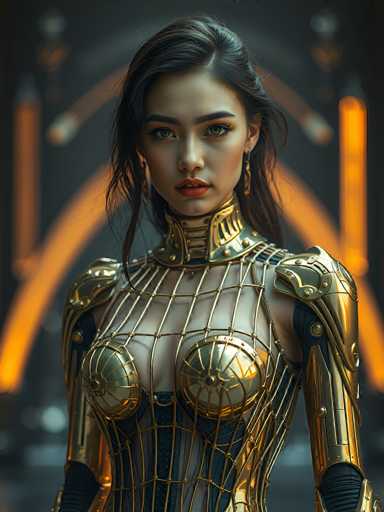 A stunning, photorealistic portrait of a woman in a futuristic golden armor. She has long, dark hair with subtle highlights, and her eyes are captivatingly green. Her expression is intense and direct, looking straight at the viewer with a slightly serious yet alluring gaze. The armor is intricately detailed, featuring a combination of golden and black elements with a lattice-like design on the chest and shoulders. The lighting is dramatic, highlighting the metallic texture of the armor and creating a sense of depth and sophistication. The background is blurred, with warm orange and dark gray tones suggesting a futuristic setting or environment. The overall mood is one of power, strength, and otherworldly beauty.