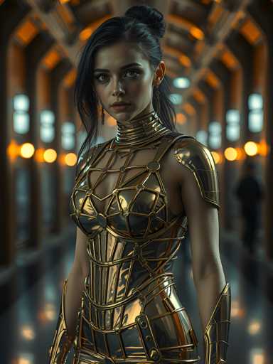 A woman stands confidently in an empty hallway with a high collar and corset, wearing a gold bodysuit that features intricate designs on the chest area. The hallway is illuminated by warm orange lights, creating a stark contrast against her dark hair and skin tone.