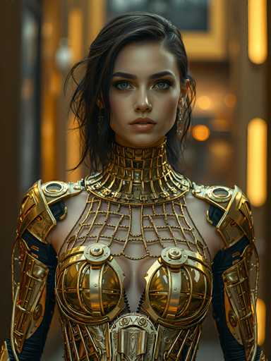 A stunning, hyperrealistic portrait of a woman in an elaborate golden futuristic armor. The armor is intricately detailed with a complex, organic-looking design made of interconnected plates and segments, predominantly in a rich gold color with subtle metallic accents. The armor covers her torso, shoulders, arms, and neck, creating a full body suit with a high, ornate collar. Her dark hair is styled in loose waves, partially framing her face and falling over her shoulders. She has piercing green eyes that meet the viewer's gaze, conveying a sense of strength and intensity. The background is softly blurred, suggesting an industrial or futuristic setting with warm, golden light sources creating a slightly hazy atmosphere. The overall lighting is soft and diffused, highlighting the intricate details of the armor and the woman's features. The image is highly detailed and has a futuristic, almost cyberpunk aesthetic.