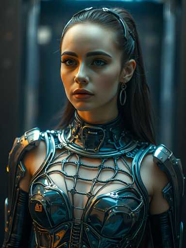 The image depicts a highly detailed, computer-generated female character, possibly from a video game or movie. She has long, dark brown hair that is pulled back into a ponytail, with a headband or hair clip securing it. Her striking blue eyes are accentuated by long eyelashes and thick eyebrows, and she has full lips adorned with red lipstick. She is wearing a futuristic, form-fitting black leather outfit that resembles armor, complete with a high collar and a clasp at the neck. The outfit features a spiderweb-like design across her chest, leaving her shoulders and arms exposed. She also wears long black gloves that extend up to her biceps. The background is a blurred mix of dark blue and gray hues, with a faint light source visible behind her head.