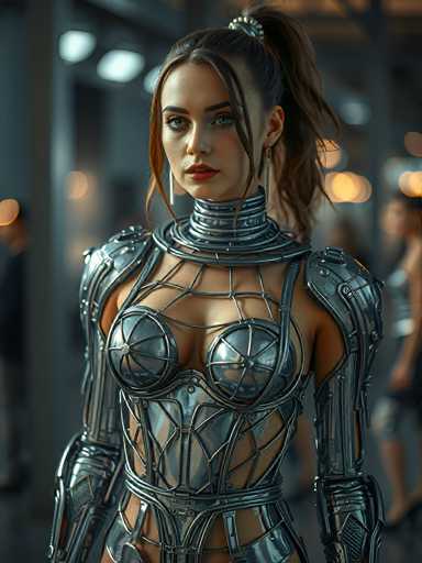 The image depicts a highly detailed, computer-generated scene featuring a young woman with a striking appearance. She has long brown hair, styled with a ponytail and a silver hair clip, with strands framing her face. Her complexion is fair, and she has blue eyes, accentuated by red lipstick. She is adorned in a futuristic, metallic outfit that combines elements of armor and a dress. The ensemble includes a high collar that extends up to her neck, intricate chest plates, and a midriff-baring design that reveals her arms and legs. The armor is primarily silver with hints of blue, giving it a sleek, sci-fi aesthetic. She stands in a dimly lit, gray room, with blurred figures and lights in the background, adding to the mysterious and futuristic ambiance of the scene.