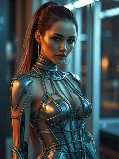 The image shows a woman wearing a futuristic silver bodysuit with intricate metal designs and a high neckline. She has long hair styled in a ponytail and is standing against a dark background that includes a window and a door. The lighting from the right side of the photo creates an ethereal glow, highlighting the metallic sheen of her outfit.