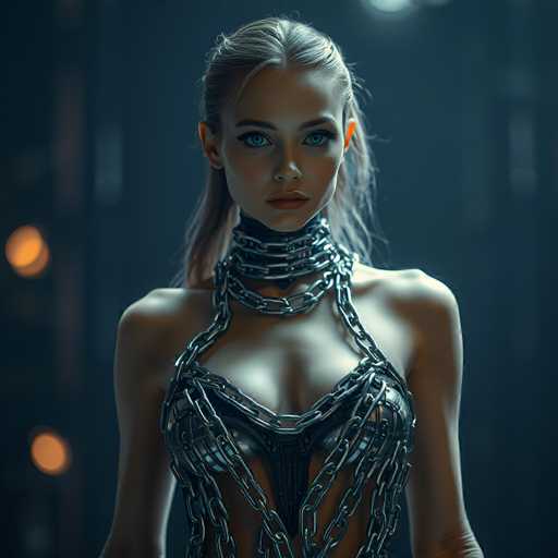 A close-up portrait of a woman with striking blue eyes, wearing a futuristic, metallic chainmail-like garment. The garment is intricately detailed and covers her upper body, with a high collar that resembles a stylized chain. Her hair is styled in a sleek updo, and her expression is intense and direct, looking straight at the viewer. The background is dark and blurred, with soft bokeh lights suggesting a dimly lit environment. The overall style is cyberpunk-inspired, emphasizing a blend of technology and fashion with a slightly edgy aesthetic.