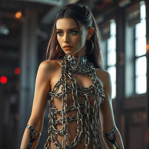 The image depicts a strikingly beautiful woman with long, dark brown hair, styled with a side part and a braid cascading over her left shoulder. Her hair is adorned with a single earring on the left side, and she wears large, gold hoop earrings. Her face is accentuated with red lipstick, and she has a slight, enigmatic smile. She is dressed in an elaborate, metallic outfit that resembles chains and metal pieces, intricately wrapped around her neck, chest, and arms, giving the appearance of a corset and bra. The background is blurred, featuring a large window with light streaming through, and a grayish-blue wall with a prominent column. The overall scene is dark, with the woman's figure standing out vividly against the muted backdrop.
