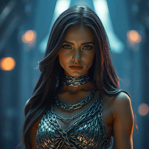 A woman with long dark hair wearing a silver chain necklace and top hat stands against a blurred background of lights and shadows, looking directly at the camera with an intense gaze.