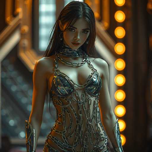 The image depicts a highly detailed, computer-generated or AI-generated scene featuring a young woman with an ethereal, almost otherworldly appearance. She has long, dark brown hair that cascades down her back, with a few strands falling over her face. Her skin is fair, and she has striking blue eyes that gaze directly at the viewer. She is adorned in a unique, metallic outfit that resembles a bra and skirt made entirely of silver chains, giving her a futuristic, warrior-like look. Around her neck, she wears a thick, silver choker, and her ears are adorned with large, hoop earrings. On her forearms, she sports metallic armbands that add to her warrior aesthetic. The background is a blurred mix of dark and light hues, with a row of orange lights on the right side and a window-like structure on the left, enhancing the mysterious and sci-fi atmosphere of the scene.