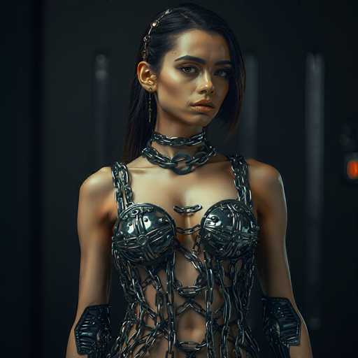 A woman with a futuristic, cybernetic aesthetic is the focal point of this image. She's wearing a complex, metallic body suit made of interconnected chains and armor plating, giving her an almost robotic or armored appearance. The suit is dark gray or black in color and has a highly detailed, textured surface. 

Her face is partially obscured by the suit's design, but her expression is intense and direct. Her dark hair is styled in a sleek ponytail with metallic accents, and she wears delicate earrings that complement the overall futuristic theme. The background is dark and blurred, suggesting a dimly lit environment with metallic surfaces that further enhance the cyberpunk aesthetic. 

The overall lighting is dramatic, highlighting the intricate details of the suit and creating a sense of depth. The image has a slightly grainy, digital texture that adds to its futuristic and somewhat dystopian feel.