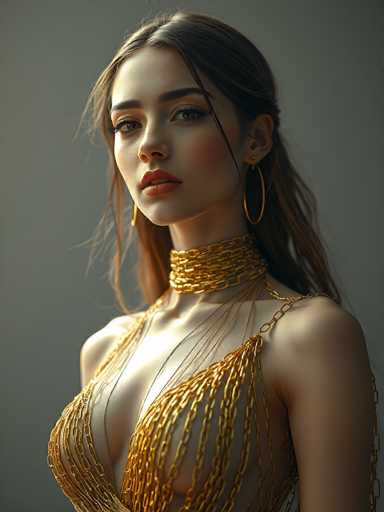 A stunning portrait of a young woman with long, flowing brown hair and striking makeup. She is wearing an elaborate gold chain dress that drapes around her body, with a matching gold choker. Her makeup is bold, featuring dark eyeliner and red lipstick, emphasizing her captivating eyes. She looks directly at the viewer with a slightly intense expression. The lighting is soft and warm, highlighting her features and creating a sense of elegance and sophistication.