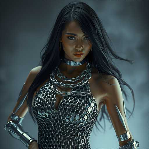 The image depicts a highly detailed, computer-generated portrayal of a young woman, possibly in her late teens or early twenties, with long, dark hair cascading down to her waist. She has a medium complexion and is adorned with striking makeup, including dark orange lipstick and dramatic eye shadow. Her attire is a unique ensemble of interlocking silver chains that form a bra-like top and a sleeveless dress, extending down to her waist. She accessorizes with a silver choker around her neck and silver bracelets on her wrists. Additionally, she wears silver armbands on both arms, with the left arm adorned with spikes. The background is a gradient of gray, darker at the top and lighter at the bottom, enhancing the overall dramatic effect of the image.