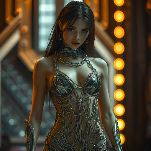 A woman is standing against a backdrop of a building with yellow lights and a staircase leading up to it. She is wearing a silver dress that features chains draped over her shoulders and legs, giving the impression of a futuristic or metallic aesthetic. The woman's gaze is directed straight at the camera, creating an engaging visual connection between the viewer and the subject.