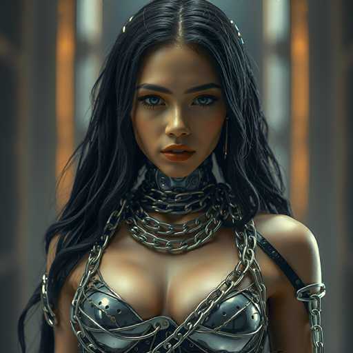This image features a striking, AI-generated female character with long, dark hair cascading down her shoulders. She has a tanned complexion and captivating blue eyes. Her lips are painted a bold red, adding to her fierce appearance. Around her neck, she wears an intricate metal choker adorned with chains that drape elegantly over her shoulders and chest. Her attire includes a unique, metallic bra-like top with a strap that wraps around her upper arm, secured by a chain. The background is blurred, with indistinct gray and orange hues, focusing all attention on the character. Her expression is serious, with a hint of a frown, and she gazes directly at the viewer, exuding an aura of strength and mystery.