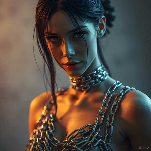 This image portrays a striking, computer-generated depiction of a woman with an intense, almost haunting gaze. Her dark brown hair is styled in a bun, with several strands cascading down her face, partially obscuring her features. Her eyes are a mesmerizing brown, and her lips are painted a vivid red, adding to her captivating appearance. She is adorned with a choker made of interlocking silver chains, which also forms a unique top, leaving her shoulders and upper chest bare. The background is a muted gray, which contrasts with the warm, orange light that illuminates her face and chest, creating a dramatic effect. The overall composition is square, with the woman's head positioned at the top and her chest at the bottom, emphasizing her enigmatic presence.