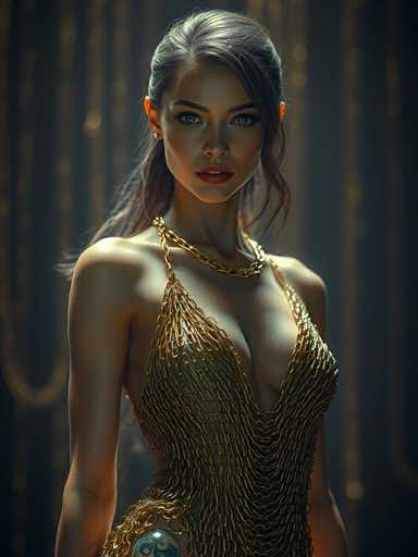 The image depicts a young woman, likely in her early 20s, with a striking appearance. She has long, dark hair that is pulled back into a ponytail, with some strands cascading over her left shoulder. Her complexion is fair, and she has blue eyes accentuated by dark eyebrows and eyeliner. Her lips are painted a vivid red, and she wears a subtle, almost neutral expression.

She is adorned in a unique, form-fitting dress that appears to be made entirely of gold chains, creating a shimmering effect. The dress is low-cut, revealing a significant portion of her chest, and it features thin straps that go over her shoulders. Around her neck, she wears a thick gold chain necklace that complements the dress.

The background of the image is dark, with a bokeh effect that creates a soft, out-of-focus ambiance. There are hints of gold and blue tones, adding to the overall luxurious and glamorous feel of the scene. The woman stands with her arms at her sides, looking directly at the camera, exuding confidence and elegance.