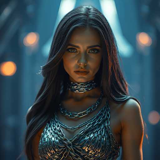This image features a strikingly beautiful woman with long, dark brown hair that cascades down to her chest. She has captivating brown eyes and a defined jawline, accentuated by her full lips. Her attire is a unique ensemble made entirely of silver chains, intricately woven to form a bra-like top that leaves her shoulders bare. Around her neck, she wears a choker crafted from the same silver chains, adding to the edgy yet elegant look. The background is a blend of blue and gray hues, with blurred lights creating a bokeh effect that highlights her presence. The overall composition suggests a high-fashion or editorial setting, emphasizing the woman's allure and the intricate details of her chain outfit.