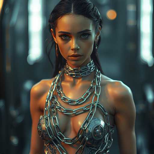 The image shows a woman with long dark hair wearing a chain necklace and earrings. She is standing against a black background that appears to be illuminated by lights from the top left corner of the frame. The lighting casts an ethereal glow on her face, highlighting her features.