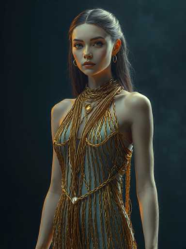 A woman with long, flowing hair and piercing blue eyes is depicted in a highly detailed digital painting. She's wearing an intricately designed, shimmering gold dress made of what appears to be interwoven chains or strands. The dress is sleeveless and drapes elegantly, with a high neckline that features a matching gold necklace. Her skin has a warm, slightly golden tone, and her expression is serene yet intense, with her gaze directed towards the viewer. The background is a deep, dark gray or black, which emphasizes the woman's figure and the intricate details of her attire. The lighting is soft yet dramatic, highlighting the texture and shine of the gold fabric. Her hair is styled in a way that frames her face, with some strands falling over her shoulders. The overall style of the artwork is reminiscent of a fantasy or historical portrait, with a focus on texture and light.