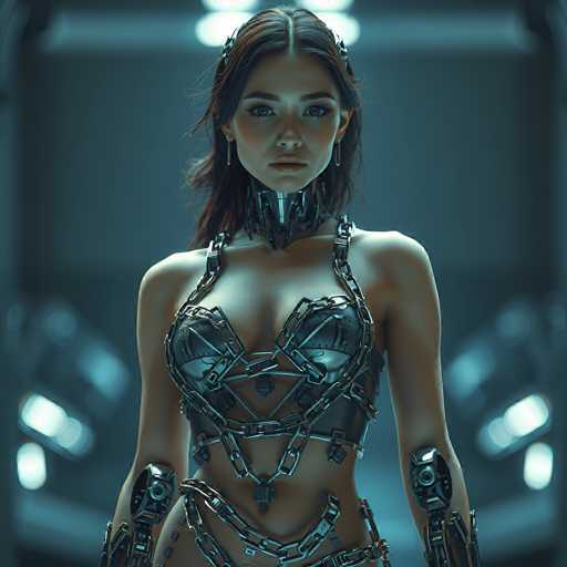 The image depicts a highly detailed, computer-generated female character that appears to be a cyborg or robot. She has long, dark brown hair and is adorned with silver earrings. Her face is strikingly realistic, with a human-like appearance, but her neck is distinctly mechanical, featuring a silver, metallic structure. The character's upper body is clad in a unique, metallic bra-like top that combines silver and black elements, with chains draped over her shoulders and chest. Her midriff is exposed, revealing a metallic belt around her waist. The lower part of her body is partially visible, showing more chains and mechanical components, particularly around her hips and legs. Her arms are also partially robotic, with visible mechanical parts, though her hands are not in view. The background is a dark, grayish-blue hue, illuminated by various lights, adding to the futuristic and technological ambiance of the scene.