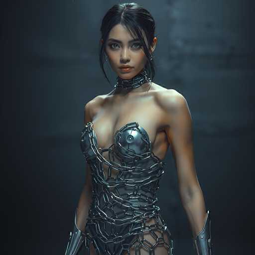 This image features a highly detailed, computer-generated depiction of a young woman, likely in her late teens or early twenties. She has a medium complexion and striking black hair, which is styled with a middle part and pulled back into a ponytail. Strands of hair frame her face, with one strand falling over her left eye and another over her right cheek. Her eyes are a captivating blue, and she wears a subtle touch of red lipstick. 

Her attire is a unique blend of futuristic and edgy elements. She dons a metallic dress that appears to be crafted from interconnected silver chains, giving it a distinct, industrial look. The dress is form-fitting, accentuating her figure, and features a circular button at the center of her chest. Complementing the dress, she wears silver metal wrist guards that extend from her wrists to her forearms. 

Around her neck, she sports a choker made of interlocking silver chains, adding to her bold, avant-garde appearance. The background of the image is a dark gray, which contrasts sharply with her outfit and draws attention to her striking features.