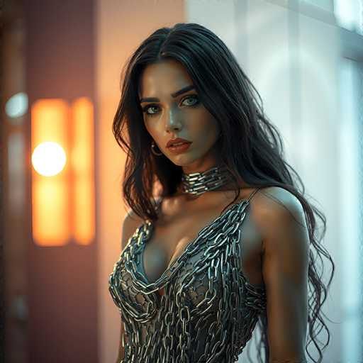 A stunning, photorealistic portrait of a woman with long, flowing black hair and piercing green eyes. She's wearing a silver chainmail top that emphasizes her shoulders and chest, with a matching choker. Her makeup is bold, featuring deep red lipstick and defined eyeliner. She's looking directly at the viewer with a slightly intense expression, her lips parted slightly as if she's about to speak. The background is softly blurred, with warm orange and soft white lights creating a modern, slightly edgy atmosphere. The lighting is dramatic, highlighting her features and the texture of the chainmail.