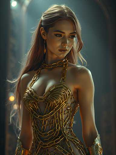 The image portrays a young woman, likely in her early 20s, with long, reddish-blonde hair cascading down her back. She is adorned in a striking, gold chainmail dress that covers her chest and waist, leaving her shoulders bare. The intricate chainmail design extends to form a choker around her neck and bracelets on her forearms. Her makeup is bold, featuring dark eyeliner and red lipstick, complementing her serious expression as she gazes slightly downward to the right. The background is a dark, grayish-blue hue, with a blurred, arched doorway visible behind her, adding a sense of depth to the scene. The overall composition suggests a blend of classical and modern elements, possibly hinting at a character from a video game or movie.