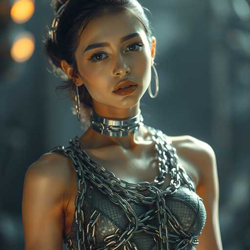 A woman with dark hair and large hoop earrings is wearing a silver choker necklace that has multiple chains. She is standing against a blurred background of lights and shadows, suggesting an indoor setting or a dimly lit room.