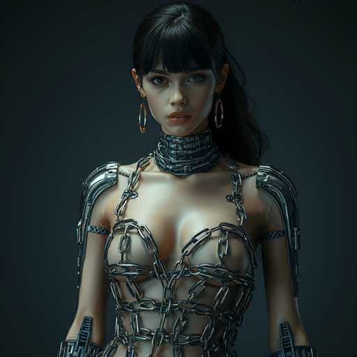 This image features a highly detailed, computer-generated depiction of a woman with a striking blend of human and robotic elements. She has long, dark hair with bangs that partially cover her forehead, and her expressive brown eyes are accentuated by thick eyeliner. Her lips are painted a soft pink, adding a touch of femininity to her otherwise futuristic appearance. She wears large, gold hoop earrings that dangle elegantly from her ears.

Her attire is a unique fusion of fashion and technology. She dons a form-fitting, metallic dress that resembles a chainmail bra, intricately wrapped around her torso. The dress is held up by thin, silver straps that extend over her shoulders and down her arms, giving the impression of a sophisticated, mechanical ensemble. Around her neck, she wears a metallic collar that complements the chainmail design of her dress.

Adding to her robotic aesthetic, she has metallic plates on her shoulders and forearms, with additional plates extending down her biceps. Her skin is a light tan, contrasting beautifully with the dark gray background that enhances the overall futuristic and sci-fi vibe of the image.