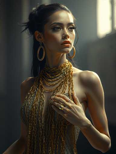 A woman with long dark hair is wearing a gold necklace and earrings that drape down her shoulders. She has her hands resting on her hips and is looking off to the side. The background features a window and a door, suggesting an indoor setting or room.