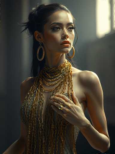 A stunning portrait of a woman in a golden, ornate gown. The dress is a shimmering, metallic gold with intricate chain-like detailing that drapes around her neck and shoulders. She's wearing large, golden hoop earrings and a matching ring on her finger. Her dark hair is styled in an elegant updo, with loose strands framing her face. She has a serious yet captivating expression, looking slightly off-camera. The lighting is dramatic, with a soft glow highlighting her features and the texture of the dress, creating a sense of luxury and sophistication. The background is blurred, drawing focus to the woman's striking attire and poised demeanor.
