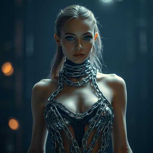 The image depicts a young woman with long blonde hair, styled with a middle part and cascading down her back. She has striking blue eyes and full lips, and her face is framed by a sharp jawline. She is wearing a unique, metallic dress that appears to be crafted from chains and metal rods, giving it a futuristic and industrial look. The dress is form-fitting, accentuating her figure, and features a V-neckline that reveals a significant amount of cleavage. The metal rods of the dress are intricately woven around her chest and shoulders, creating a complex pattern. She also wears a metal choker around her neck, adding to the overall edgy aesthetic. The background is dark and blurry, with indistinct shapes and two orange lights on the left side, which could be from a camera flash or another light source. The woman is looking directly at the camera, her expression neutral, and her arms are hanging straight down by her sides.