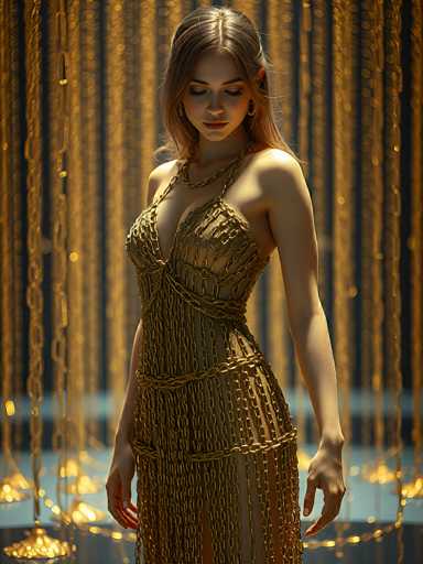 In this captivating image, a woman stands gracefully in the center, exuding elegance and poise. She is adorned in a stunning gold dress that features a unique design, with chains intricately woven to form the straps and a low-cut neckline that accentuates her figure. The dress is form-fitting, hugging her curves and extending down to her feet, where the image cuts off, leaving her footwear to the imagination.

Her long, flowing hair cascades down her back, adding to her ethereal appearance. She gazes downward, her eyes partially closed, giving her a serene and contemplative expression. Her lips are painted a soft pink, complementing her overall look.

The background is a mesmerizing display of golden chains that seem to hang from the ceiling, creating a cascading effect that adds depth and texture to the scene. These chains reflect the light, casting a warm glow that enhances the luxurious atmosphere. The floor beneath her is a pristine white, providing a stark contrast to the golden elements above.

The woman's posture is poised, with her arms resting naturally at her sides. Her hands are slightly open, with her fingers gently curled, adding a touch of softness to her stance. The overall composition of the image is both striking and elegant, capturing a moment of quiet beauty and sophistication.
