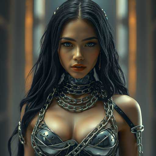 The image shows a woman with long dark hair wearing a tight-fitting silver bra and necklace. She is looking directly at the camera with an intense gaze. The background features a white wall with a window that allows natural light to enter the room.