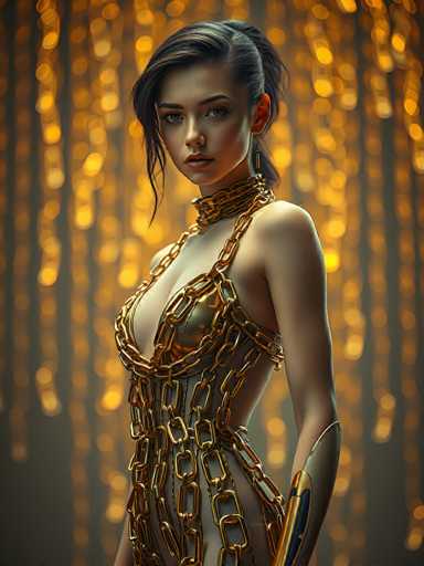 The image depicts a highly detailed, computer-generated scene of a woman standing in a dramatic pose. She is wearing a striking, gold-colored dress that appears to be made of interlocking chains, giving it a unique, metallic sheen. The dress is low-cut, revealing a significant portion of her chest, and it extends down to her hips, where it is cut off in the image. The woman's skin is a light tan, and she has dark brown hair styled in a ponytail with a side bang framing her face. Her eyes are a captivating blue, and she has full lips. She is adorned with long, dangling earrings that add to her elegant appearance. The background is a blurred mix of golden and gray hues, with indistinct shapes that resemble hanging lights or possibly trees, creating a mystical atmosphere. The overall composition of the image is vertical, emphasizing the woman's presence and the intricate details of her attire.