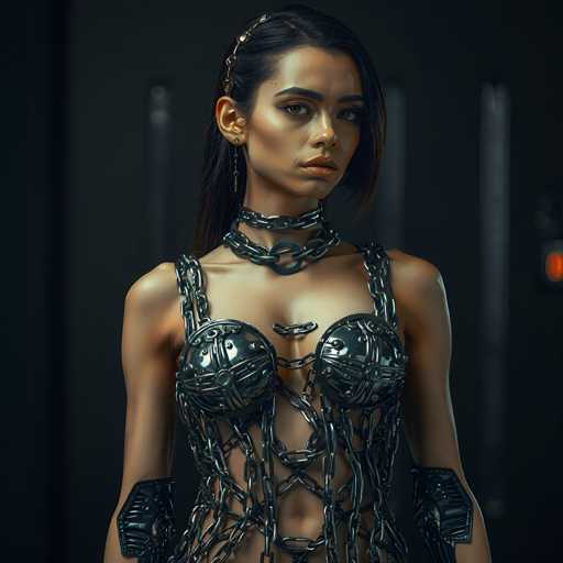 A woman is standing against a black background with her arms crossed and looking directly at the camera. She is wearing a tight-fitting dress made of chains that extends down to her knees, giving it an edgy and avant-garde appearance. The dress has a chain necklace around her neck, adding to its unique style.