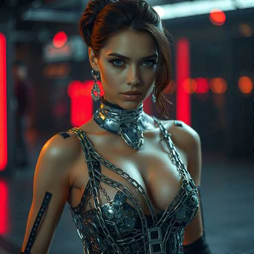 The image depicts a highly detailed, computer-generated scene of a woman standing in a futuristic, possibly cyberpunk setting. She has dark brown hair styled in a bun with a few loose strands framing her face. Her striking blue eyes and full lips are accentuated by her elaborate, silver metallic outfit. The outfit features a chain bra top with intricate designs, a choker that extends into a V-shape across her chest, and various metallic straps and chains adorning her arms and neck. She also wears long, dangling earrings that resemble silver leaves. The background is blurred, filled with red and orange lights, and hints of a dark, industrial environment. A man in a black shirt can be seen in the distance, adding to the mysterious and futuristic ambiance of the scene.