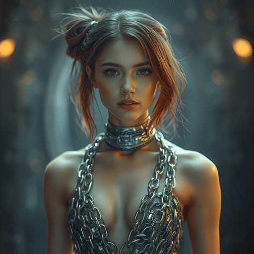 This image depicts a young woman, likely in her early 20s, with a striking and somewhat surreal appearance. She has long, reddish-brown hair styled in a messy bun, with some strands cascading down the sides of her face. Her complexion is fair, and she has a serious, almost intense expression as she gazes directly at the camera. Her eyes are a captivating shade of green, and her lips are painted a bold red.

The most striking feature of her attire is a unique dress made entirely of silver chains, which drape over her shoulders and chest, revealing a significant amount of cleavage. Around her neck, she wears a thick, silver choker that adds to the edgy aesthetic of her outfit.

The background of the image is blurred, creating a bokeh effect with soft yellow lights on either side, which adds to the dreamlike quality of the photograph. The overall composition and styling suggest that this image might be AI-generated, as it has a slightly uncanny, almost too-perfect quality that is characteristic of digital art.